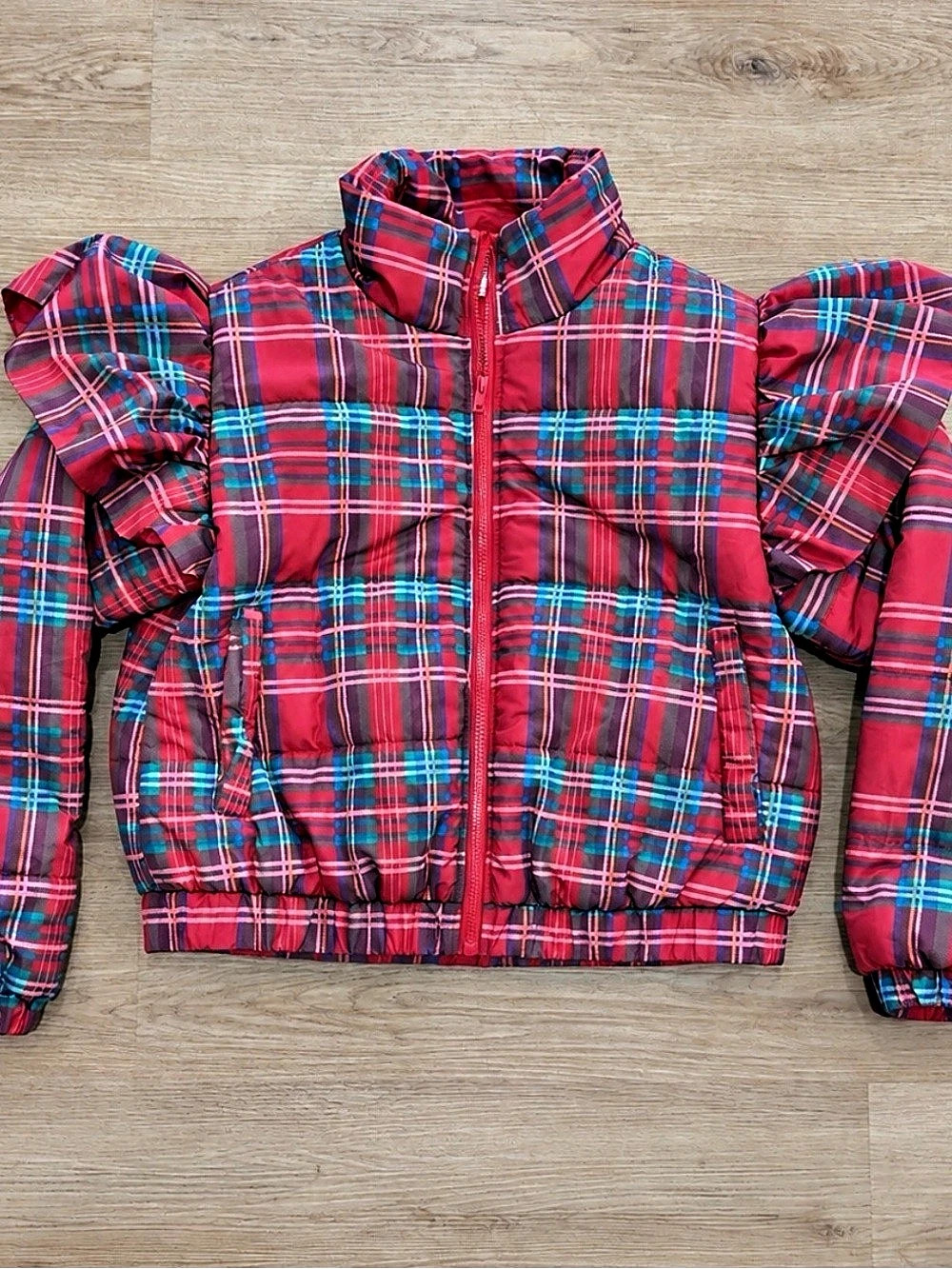 AURA Plaid Puffer Jacket in Red & Blue Size Medium